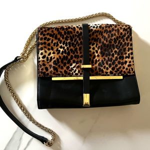Vince Camuto “Leila” Leather Leopard Haircalf Chain Shoulder Handbag.